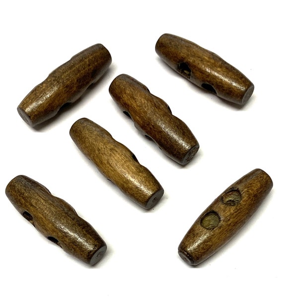 6, 30mm brown wood toggles, brown toggles, wooden buttons, two holes, coat buttons, duffle buttons, winter buttons, craft buttons