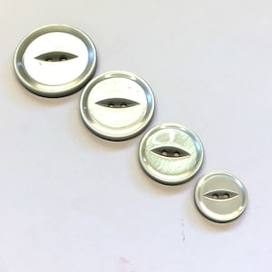 May include: Four white plastic buttons with a two-hole oval design. The buttons are arranged in a row from largest to smallest.