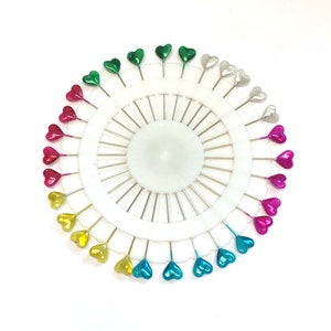 1 x rondelle of 30 assorted colour heart pins for dressmaking, 5.3cm length pins, assorted colour heart pins, haberdashery pins