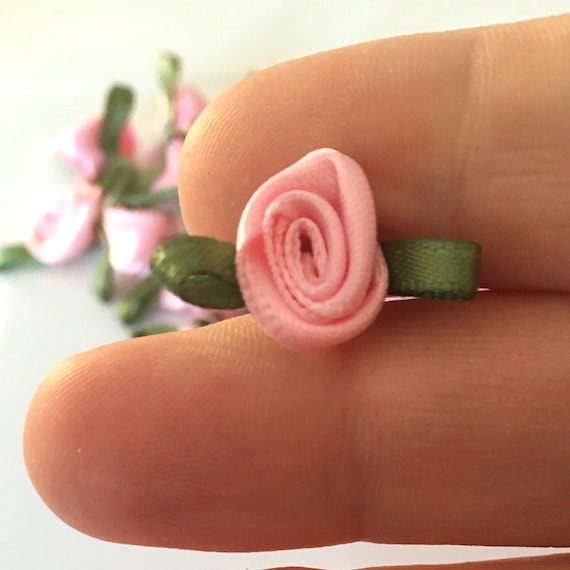 10pcs Pink Satin Ribbon Roses With Green Leaves (1.2cm) - Etsy