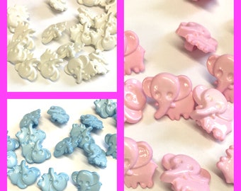 10 x 15mm cute elephant shaped buttons in pink, white and blue, novelty elephant buttons, childrens buttons