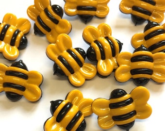 10 boutons noirs et jaunes en forme d'abeille de 25 mm avec tige arrière, boutons bourdons