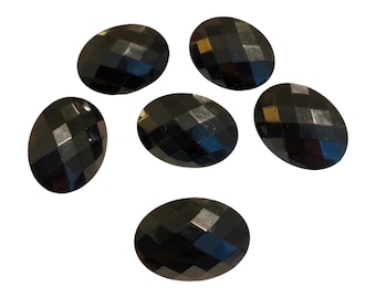6pcs Black Oval Faceted Buttons: rear loop, 25mm x 18mm