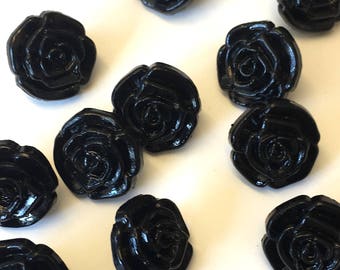 10 black rose buttons, black flower buttons, black buttons, black shank buttons, craft buttons, sewing buttons, black floral buttons