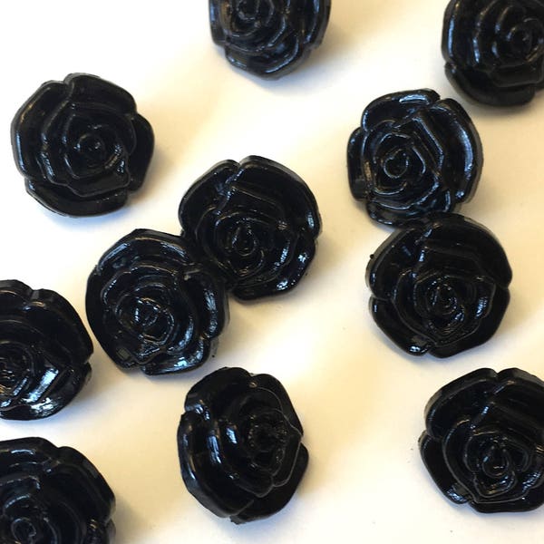 10 black rose buttons, black flower buttons, black buttons, black shank buttons, craft buttons, sewing buttons, black floral buttons