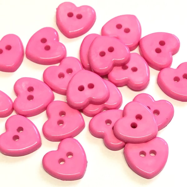 10, bright pink heart buttons, pink buttons, heart shaped buttons, baby buttons, valentines buttons, buttons uk, resin buttons, 14mm buttons