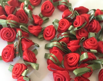 20, red ribbon roses, satin ribbon roses, red satin roses, sew on flowers, small ribbon roses, red ribbon flowers, flower appliques