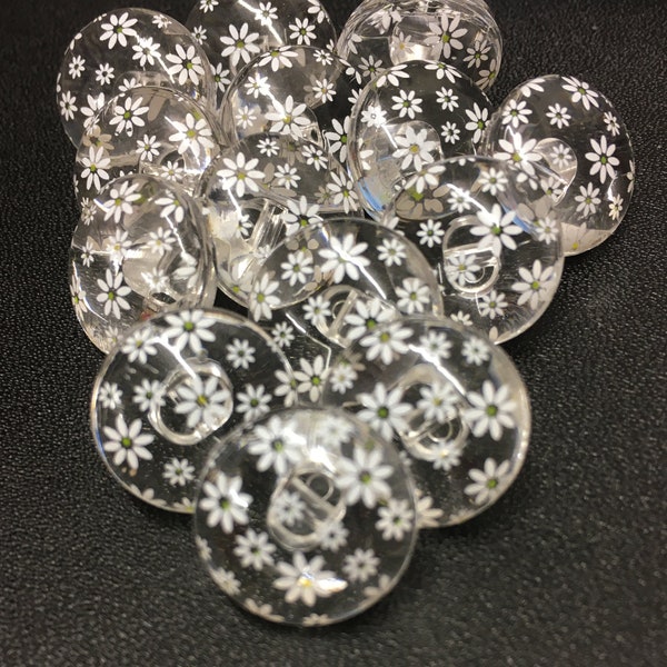 10, botones transparentes de 15 mm (24L) con botones de patrón de margarita, botones transparentes con margarita blanca, botones florales, botones de novedad. nuevos botones