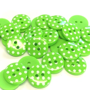 10, bright green spotty buttons, green dotty buttons, green polka dot buttons, 15mm button, buttons uk, craft supplies, sewing supplies
