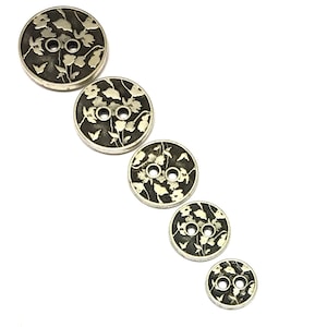 6, silver metal buttons with etched flower detail, choice of size