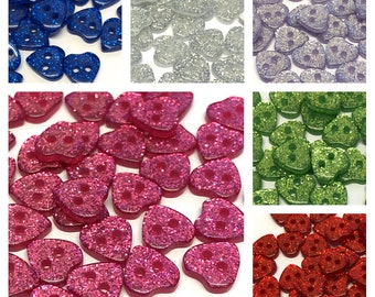 10, 11mm (18L) glitter heart buttons, small heart buttons, glitter buttons, dolls buttons, baby buttons, valentines buttons, shirt buttons