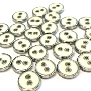 10 White Enamel Shirt Buttons: 11mm Silver Metallic Trim