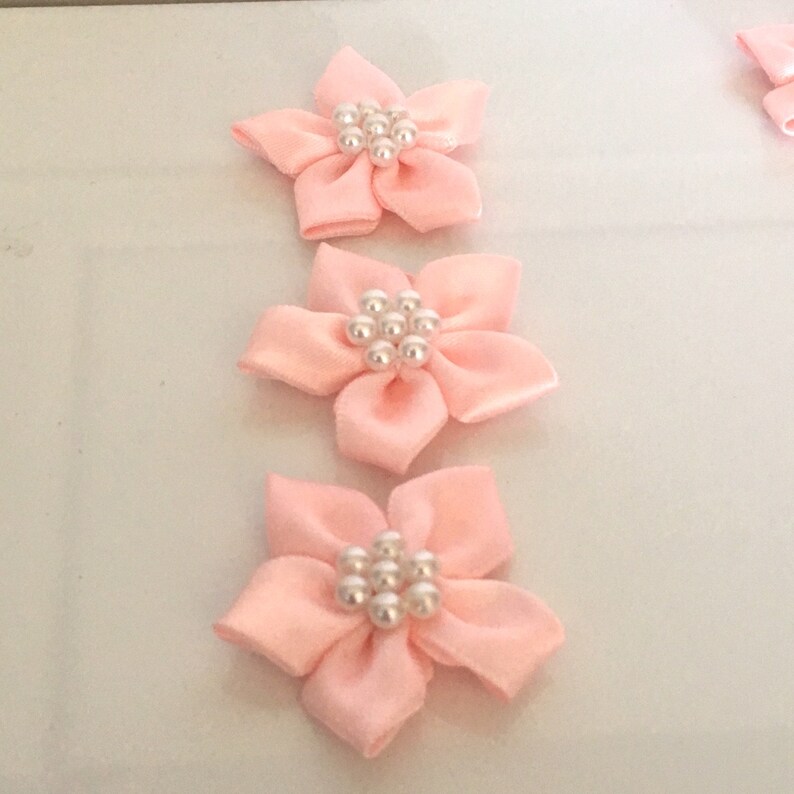 10 Satin Ribbon Flowers Pearl Ribbon Flowers Pink Ribbon Etsy
