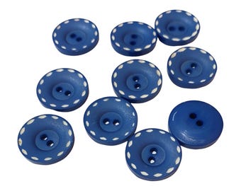10pcs, 16mm dark powder blue buttons with white stitch detail
