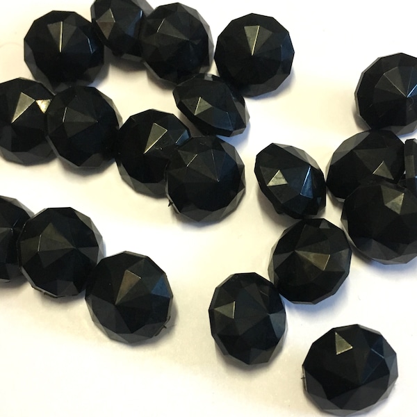 10, 12mm (20L) black multifaceted shank buttons, black pointed buttons, black shiny buttons, black faceted buttons, 12.5mm buttons