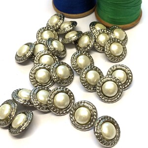 6, silver metal and white pearl detail buttons with a rear loop, metal blouse buttons, pearl buttons, choice of size image 3