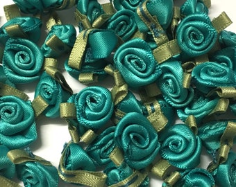 10pcs Turquoise Satin Ribbon Roses with Green Leaves: Flower Appliques
