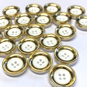 10, 15mm (24L) round pale gold metallic buttons with  white centre,  gold Italian buttons, gold sweater buttons, gold buttons