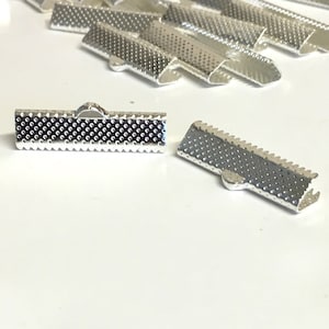 20, ribbon crimps, ribbon clamps, ribbon end crimps, silver plated crimps, 25mm ribbon crimps, silver plated findings, jewellery making