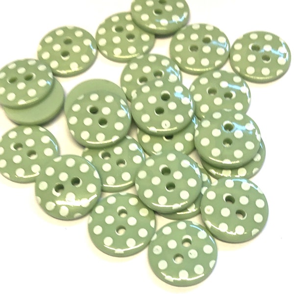 10, light green spotty buttons, green dotty buttons, pale green polka dot buttons, 15mm button, buttons uk, craft supplies, sewing supplies