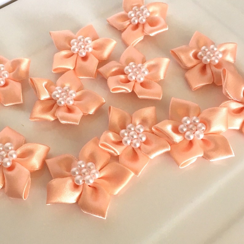10 satin ribbon flowers pearl ribbon flowers peach ribbon Etsy