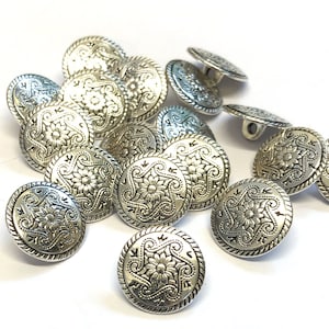 6 x 15mm (24L) aged silver metal buttons with a rear metal shank, patterned metal buttons, floral silver metal buttons