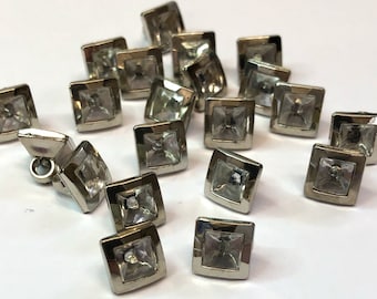 10, 9mm small silver metallic square buttons with faux diamante centre, silver shank buttons, square blouse buttons