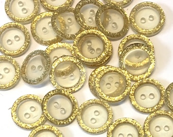10 szt. złotych, brokatowych, przezroczystych guzików z obramowaniem: 15 mm, plastikowe guziki