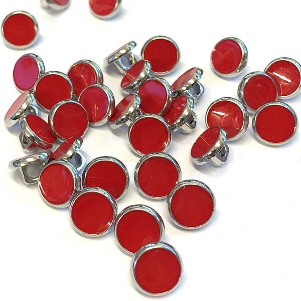 10 petits boutons ronds de 11 mm (18L) argentés métalliques et en résine rouge avec tige arrière, boutons de chemisier fantaisie