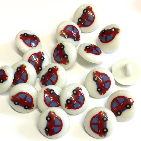 10, 15mm (24L) car shank buttons, white buttons with cute red car picture, motor car buttons, novelty buttons