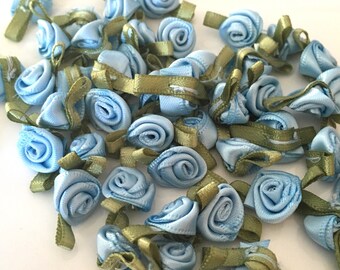 10, blue ribbon roses, satin ribbon roses, blue satin roses, sew on flowers, small ribbon roses, blue ribbon flowers, flower appliques