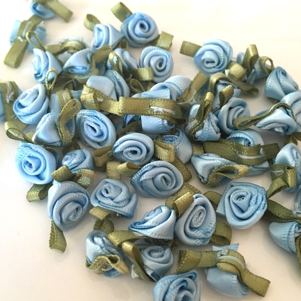 10, blue ribbon roses, satin ribbon roses, blue satin roses, sew on flowers, small ribbon roses, blue ribbon flowers, flower appliques