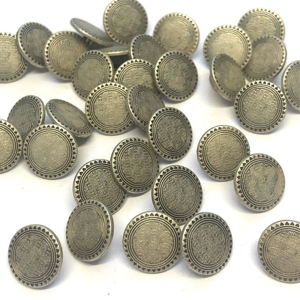 6, 12mm (20L) aged silver metal buttons with etched pattern, metal shirt buttons, small shank buttons, silver shank button