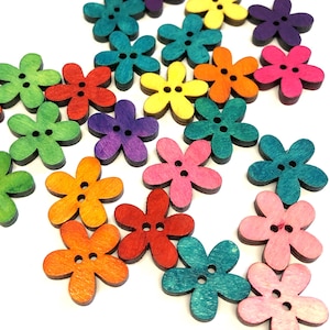 Laser Cut Wooden Flower Buttons: Mixed Color Craft Buttons (10 x 20mm)