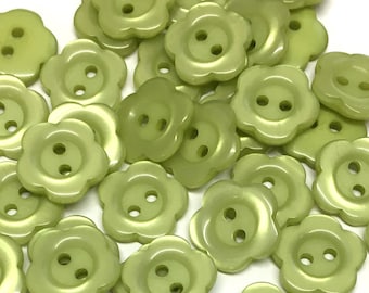 10pcs Green Flower Resin Buttons, Pearlescent Finish (14mm)