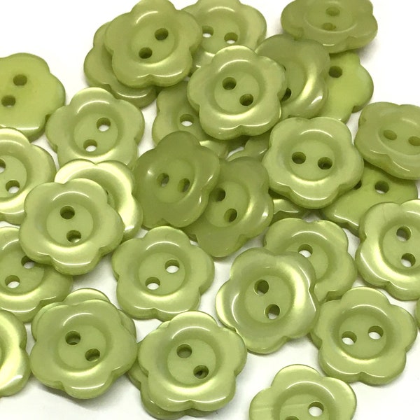 10, 14mm (22L) green flower shaped resin buttons, green flower buttons, green opalescent buttons, green craft buttons, craft supplies