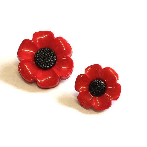 10, 18mm (28L) and 21mm (34L) red poppy flower buttons, poppy shank buttons, remembrance poppy buttons, novelty poppy buttons