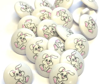 10, 15mm (24L) cute bunny shank buttons, white buttons with rabbit picture, farmyard buttons, novelty button, childrens knits, animal button