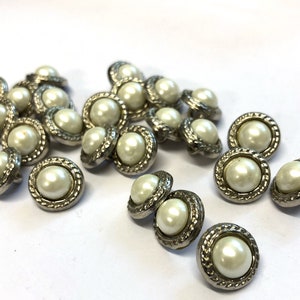 6, silver metal and white pearl detail buttons with a rear loop, metal blouse buttons, pearl buttons, choice of size image 7