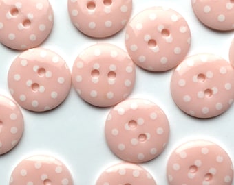10, pink spotty buttons, pink dotty buttons, pink polka dot buttons, 15mm buttons, buttons uk, craft supplies, sewing supplies, resin button
