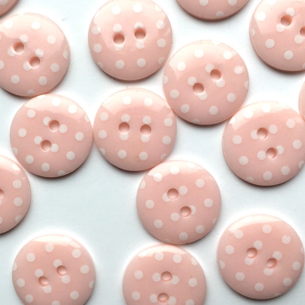 10, pink spotty buttons, pink dotty buttons, pink polka dot buttons, 15mm buttons, buttons uk, craft supplies, sewing supplies, resin button