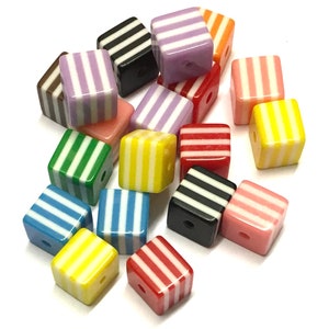 40 x 10mm striped cube beads in assorted colours, resin cube beads, candy stripe beads, colourful beads, square beads