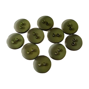 May include: A collection of ten olive green buttons, each with two holes. The buttons are round and have a slightly glossy finish. They are arranged in a loose cluster against a white background, suitable for sewing or craft projects.