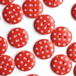 10, red spotty buttons, red dotty buttons, red polka dot buttons, 15mm buttons, buttons uk, craft supplies, sewing supplies, resin button