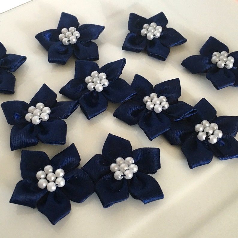 10, satin ribbon flowers, pearl ribbon flowers, navy ribbon flowers, navy ribbon rosettes, satin ribbon rosettes, sewing appliques, craft image 2