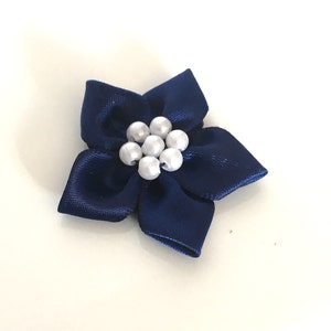 10 Navy Satin Ribbon Flowers: Pearl Rosettes, Sewing Appliques