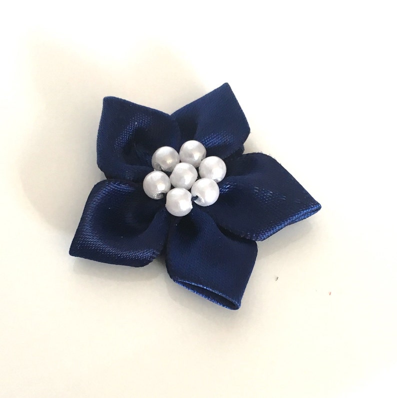 10, satin ribbon flowers, pearl ribbon flowers, navy ribbon flowers, navy ribbon rosettes, satin ribbon rosettes, sewing appliques, craft image 1