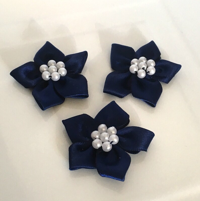 10, satin ribbon flowers, pearl ribbon flowers, navy ribbon flowers, navy ribbon rosettes, satin ribbon rosettes, sewing appliques, craft image 4