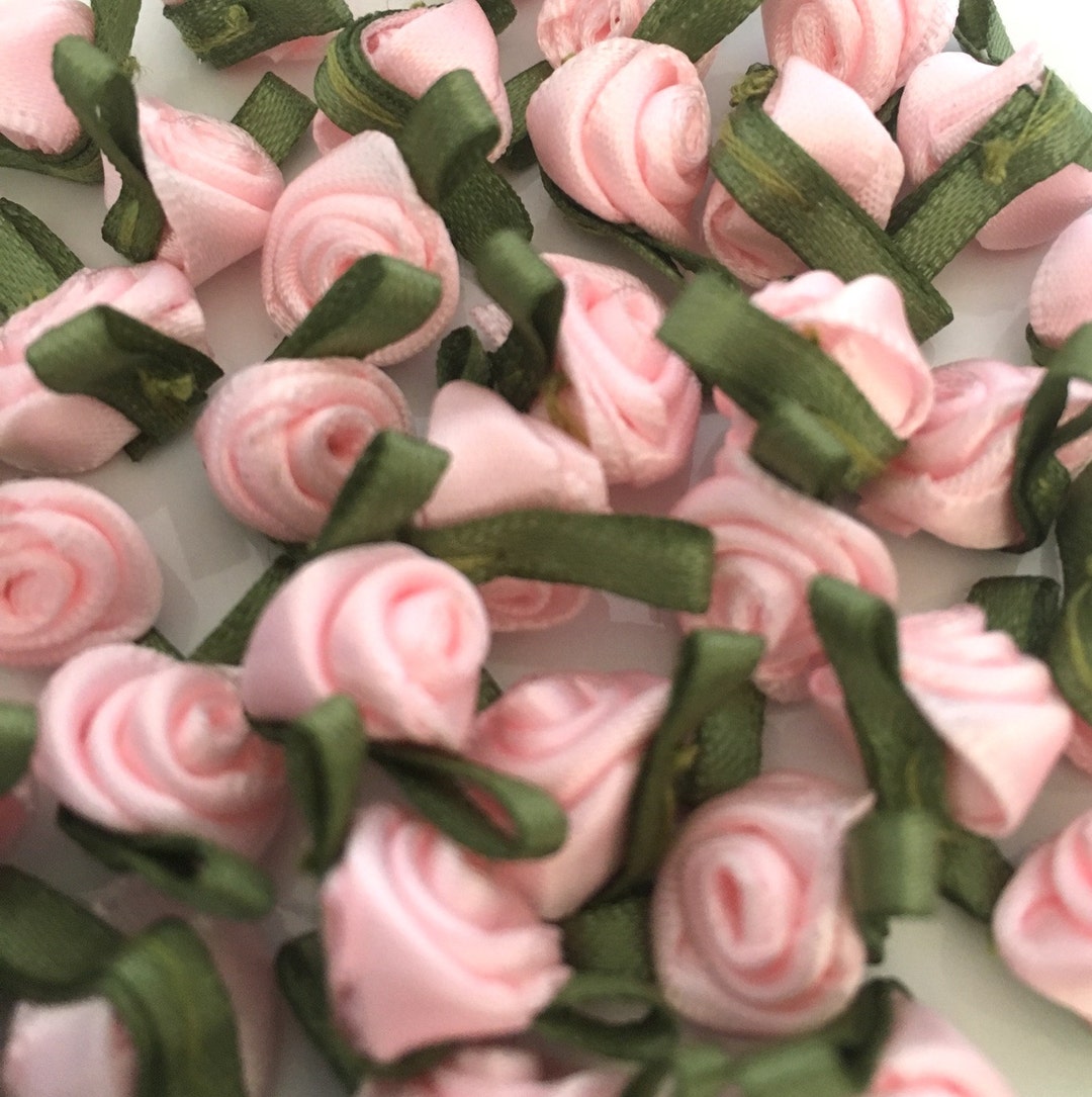 Light Green Ribbon Roses 10pcs Light Pink Satin Ribbon Roses With Green Leaves - Etsy