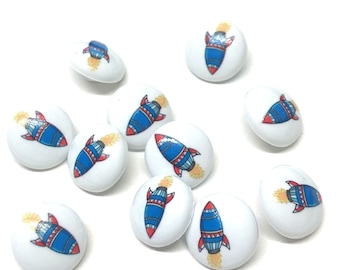 10 White Space Rocket Shank Buttons: Novelty 15mm